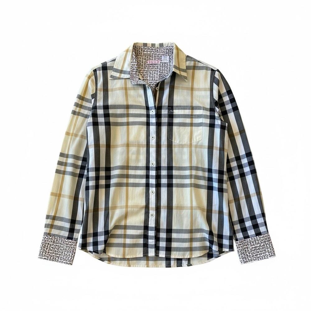 Tizzie Button Down Shirt Plaid Stripe Chains Flip Cuffs Preppy Modern Luxury L - Picture 13 of 14